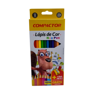 Lápis de Cor 12 Cores Neo-Pen + Lápis HB Nº2 + Apontador - Compactor