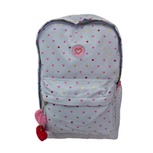 Mochila Escolar Académie Cinza Estampada com Corações e Bolsos Laterais - Tilibra
