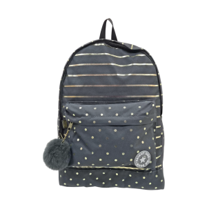 Mochila Escolar Feminina Académie Cinza com Listras e Poá com Bolso Frontal - Tilibra