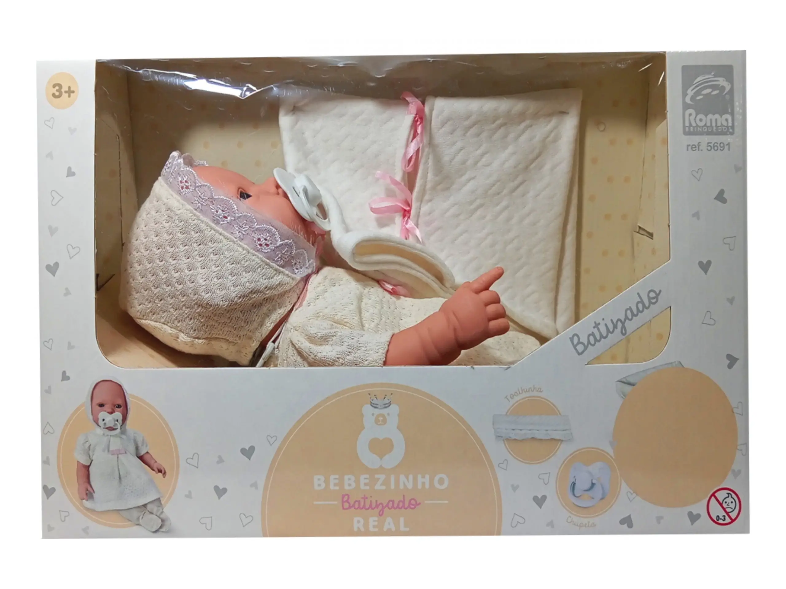 Boneca Bebezinho Batizado Real com Chupeta - Roma Brinquedos, para brincar e se divertir