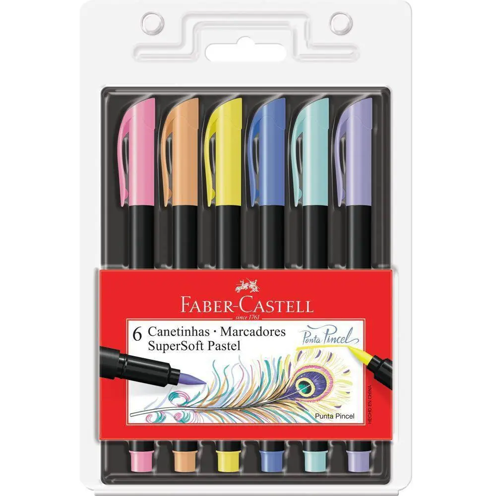 Conjunto 6 Canetinhas Marcadores SuperSoft Tons Pastel - Faber-Castell, com ponta pincel (brush)