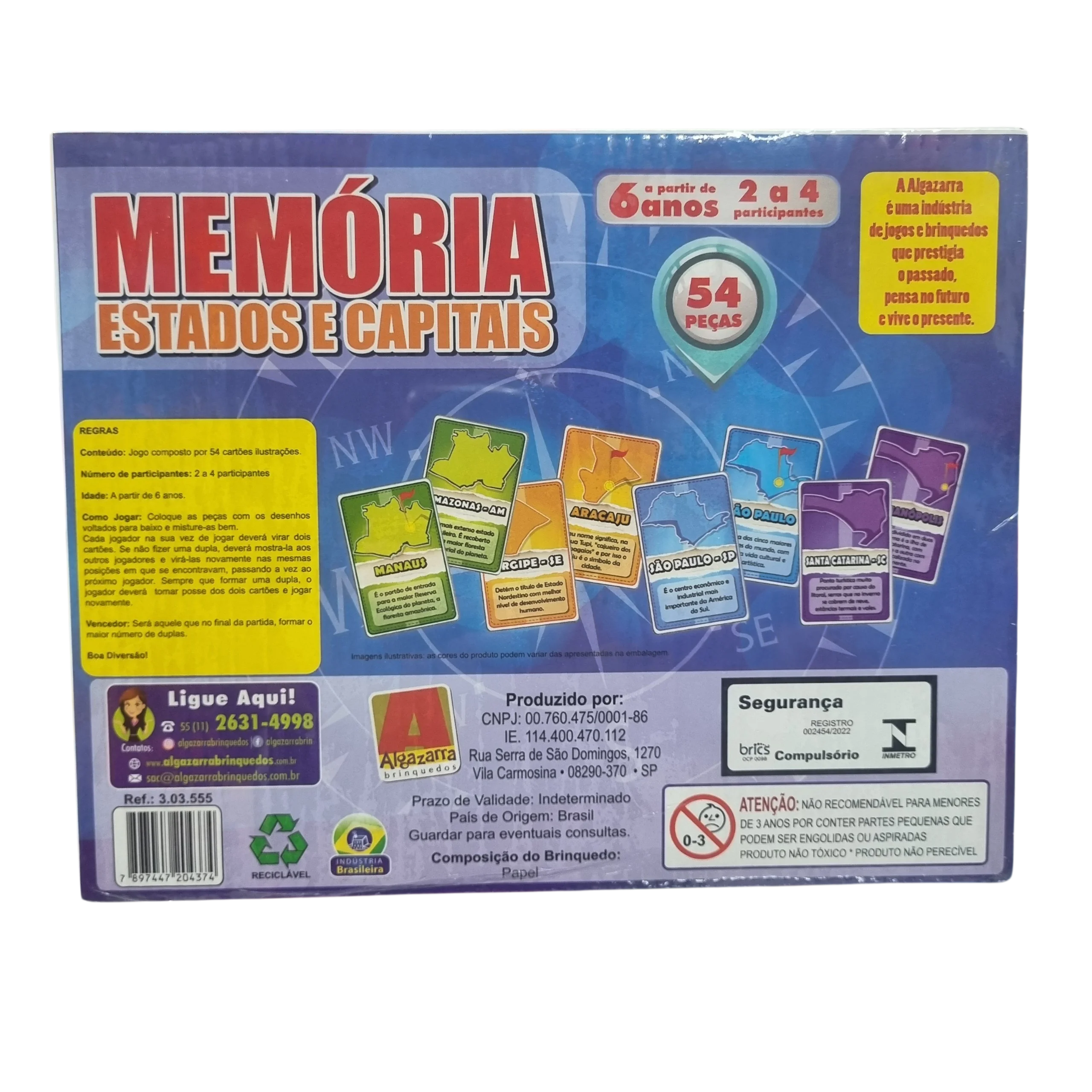 Jogo da Memória Estados e Capitais 54 Cartas - Algazarra Brinquedos