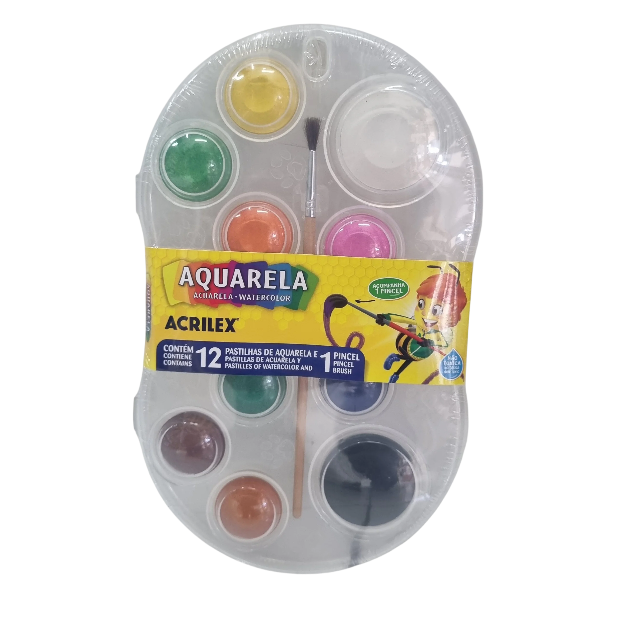 Kit Aquarela 12 Cores em Pastilhas + 1 Pincel - Acrilex