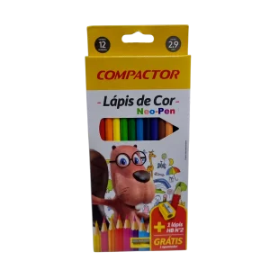 Lápis de Cor 12 Cores Neo-Pen + Lápis HB Nº2 + Apontador - Compactor