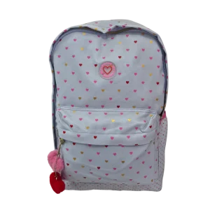 Mochila Escolar Académie Cinza Estampada com Corações e Bolsos Laterais - Tilibra