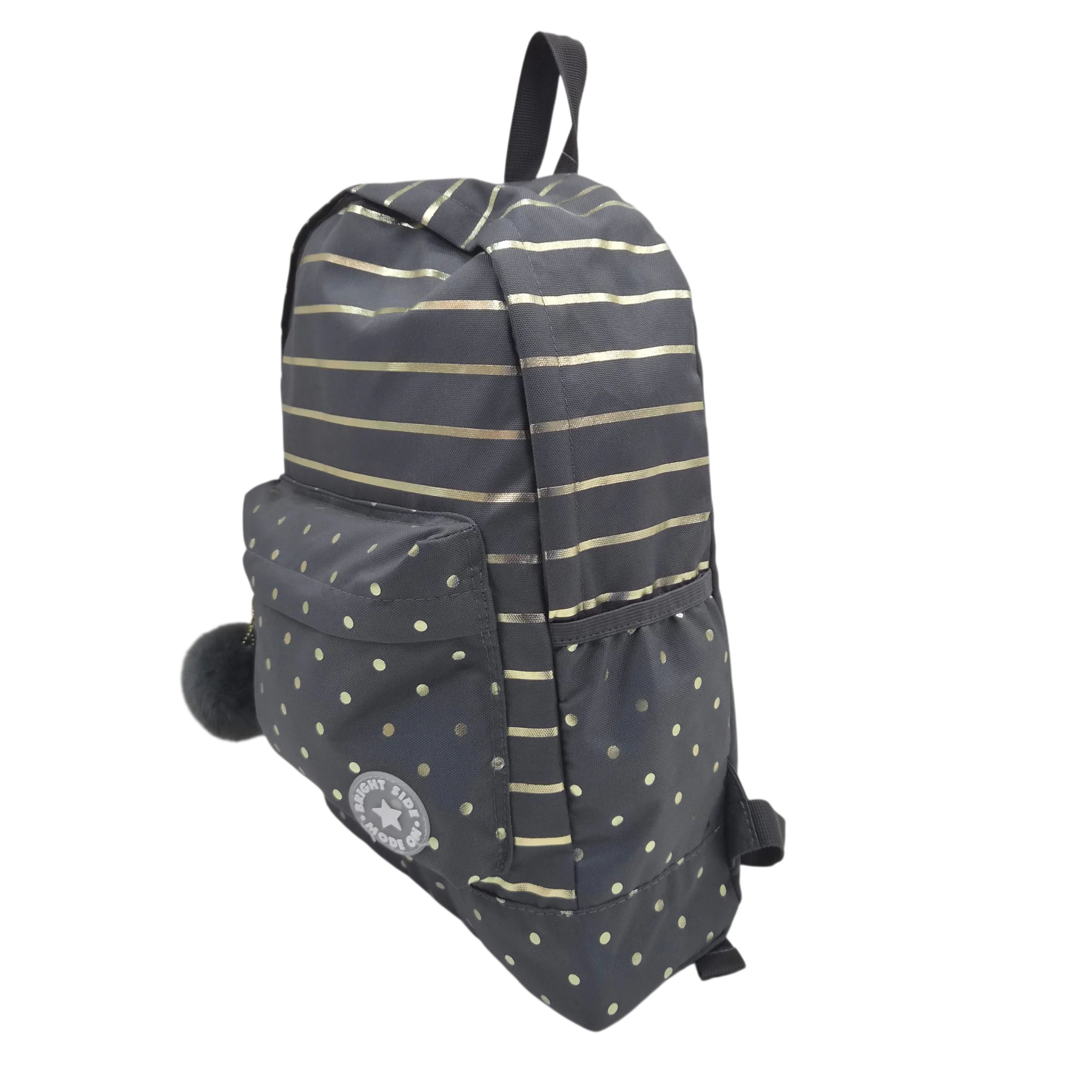 Mochila Escolar Feminina Académie Cinza com Listras e Poá com Bolso Frontal - Tilibra