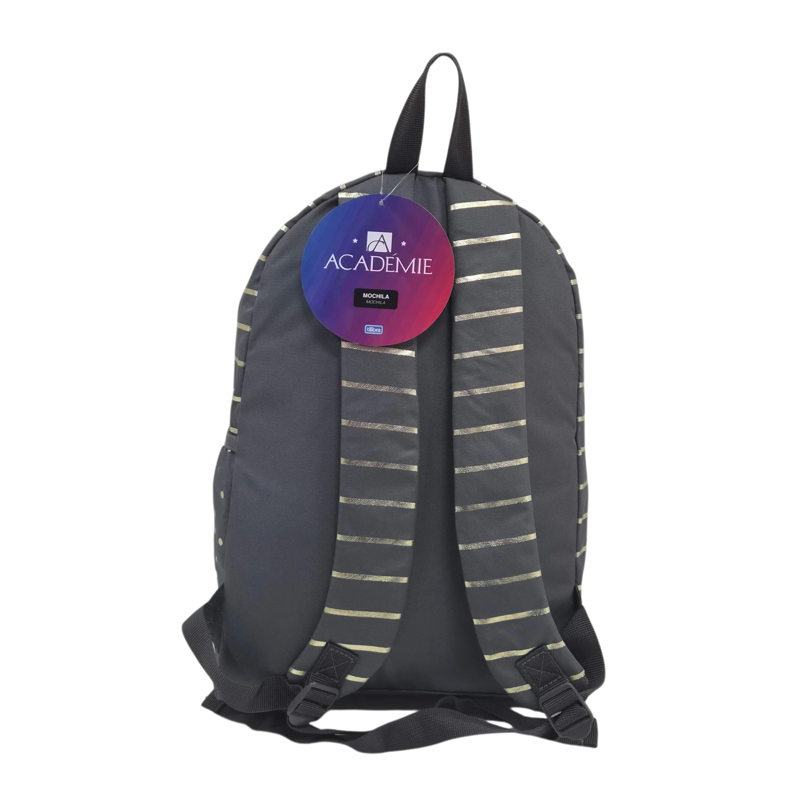 Mochila Escolar Feminina Académie Cinza com Listras e Poá com Bolso Frontal - Tilibra