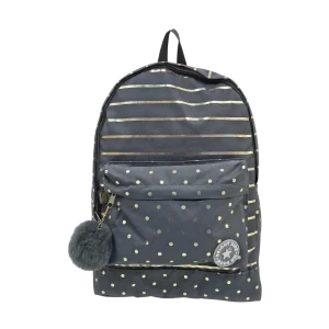 Mochila Escolar Feminina Académie Cinza com Listras e Poá com Bolso Frontal - Tilibra